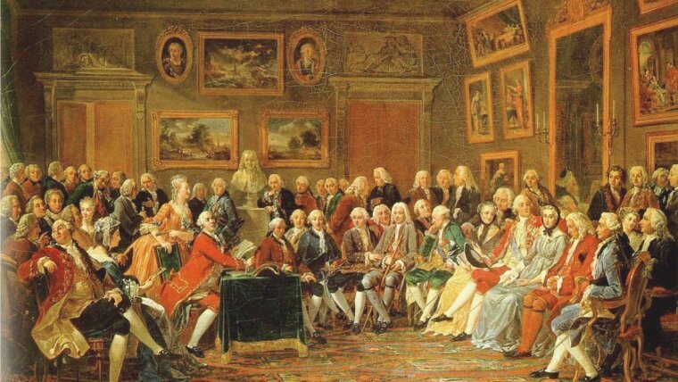 Madame Geoffrin's ''salon'' in 1755; Ölgemälde des Künstlers: Anicet Charles Gabriel Lemonnier